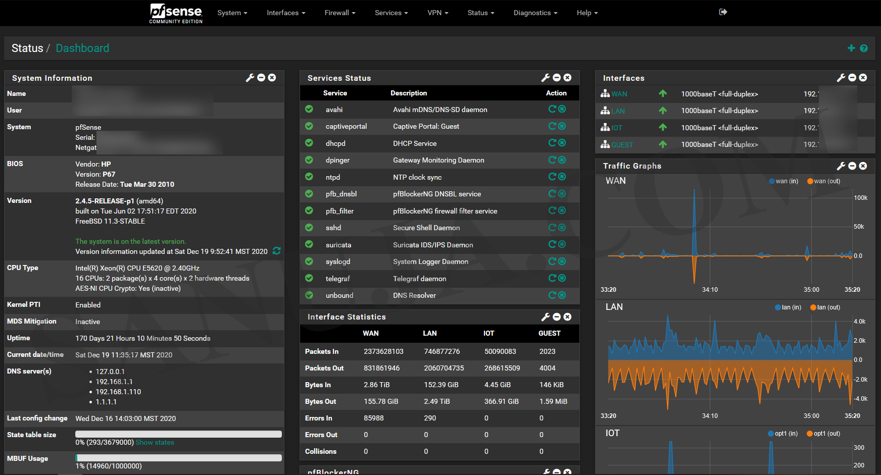 pfSense web interface advanced dashboard